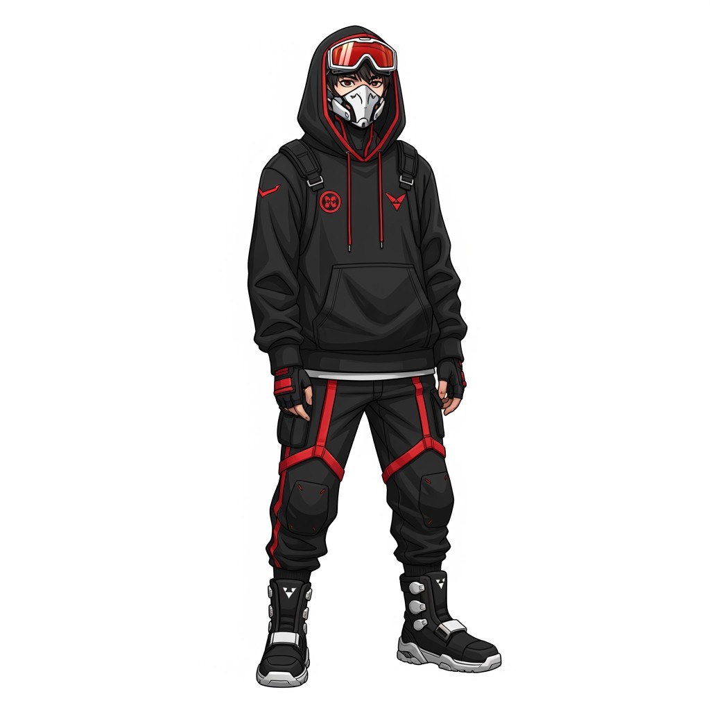 A young anime male character, 19 years old, wearing a stylish black hoodie with red trim