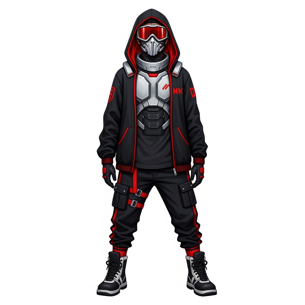 An anime-style character, a 19-year-old male, dressed in a black hoodie with red trim that obscures his hair