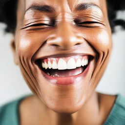 A close-up shot of a person with a genuine laugh. The eyes crinkle at the corners, mouth wide open, cheeks slightly flushed, depicting joy and authenticity.