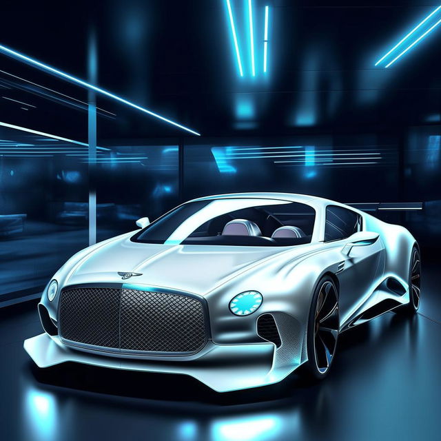 An 8K resolution, 1080HP image of a futuristic two-seater Bentley supercar interior. Rendering high-quality white and royal blue leather details, transparent glass features, and adorned with neon blue specs throughout, to encapsulate a luxurious, modern design.