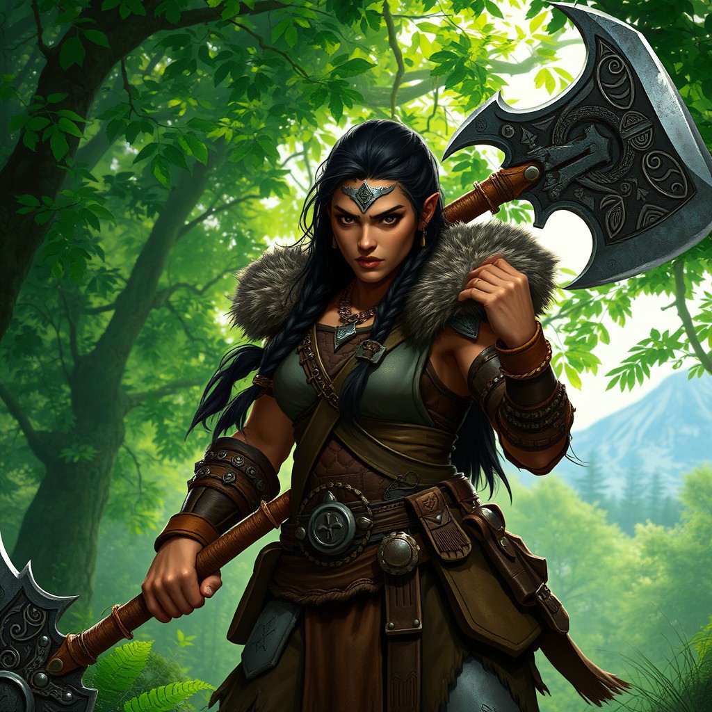 A fantasy character from Dungeons & Dragons, a strong and fierce female half-orc barbarian, with long dark hair braided, wearing rugged leather armor adorned with fur and tribal markings
