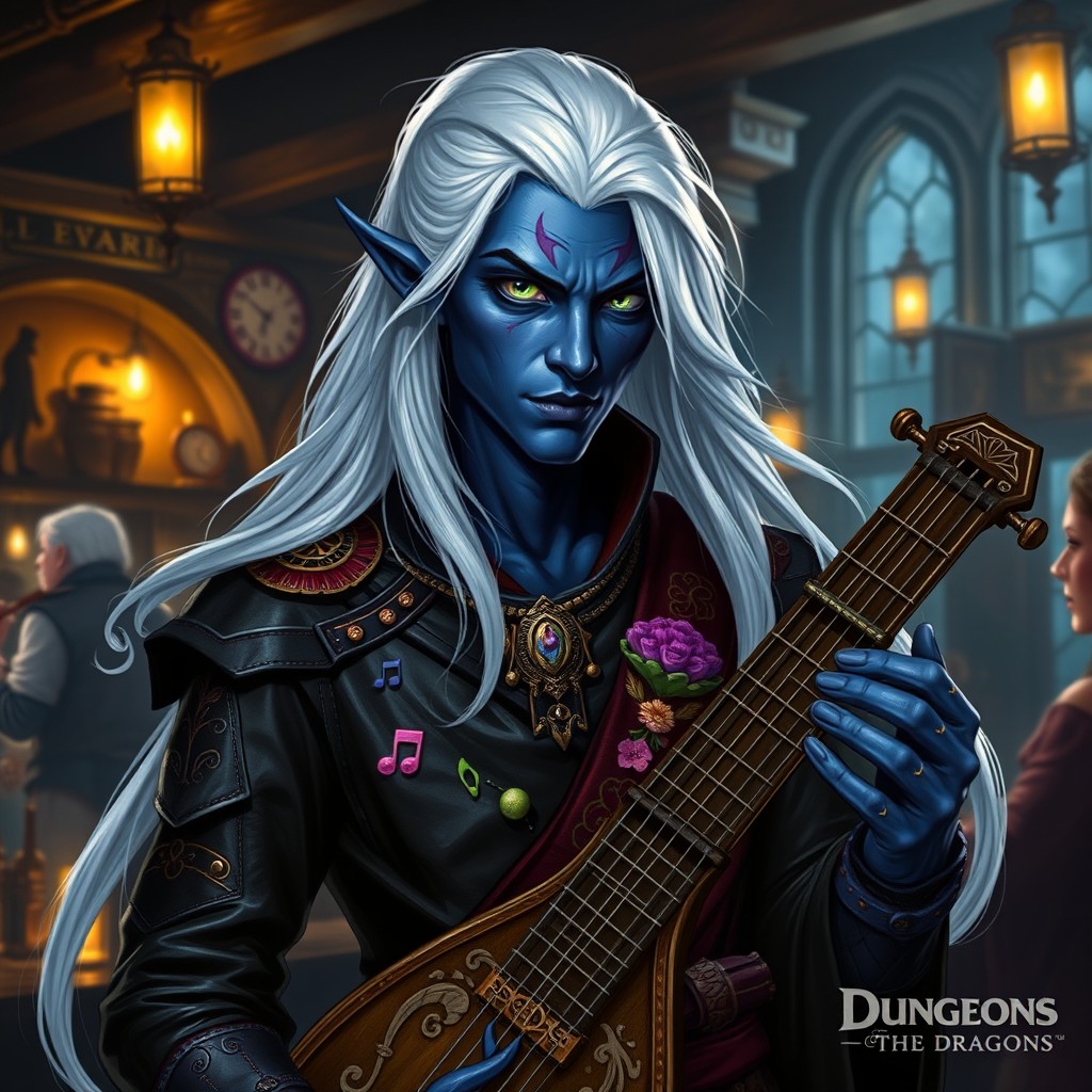 A fantasy character from Dungeons & Dragons, a drow bard, with skin tone of deep indigo and contrasting vibrant white hair flowing elegantly down to his shoulders