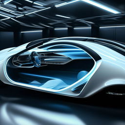 An 8K resolution, 1080HP image of a futuristic two-seater Bentley supercar interior. Rendering high-quality white and royal blue leather details, transparent glass features, and adorned with neon blue specs throughout, to encapsulate a luxurious, modern design.