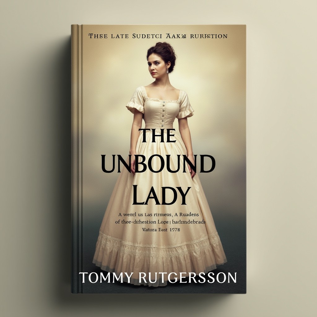 A striking book cover design for a novel titled "The Unbound Lady" featuring a middle-class lady from the 1700s as the central figure