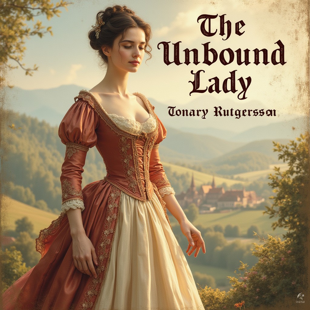 A beautifully crafted book cover design for a novel titled "The Unbound Lady" showcasing a middle-class lady from the 1700s