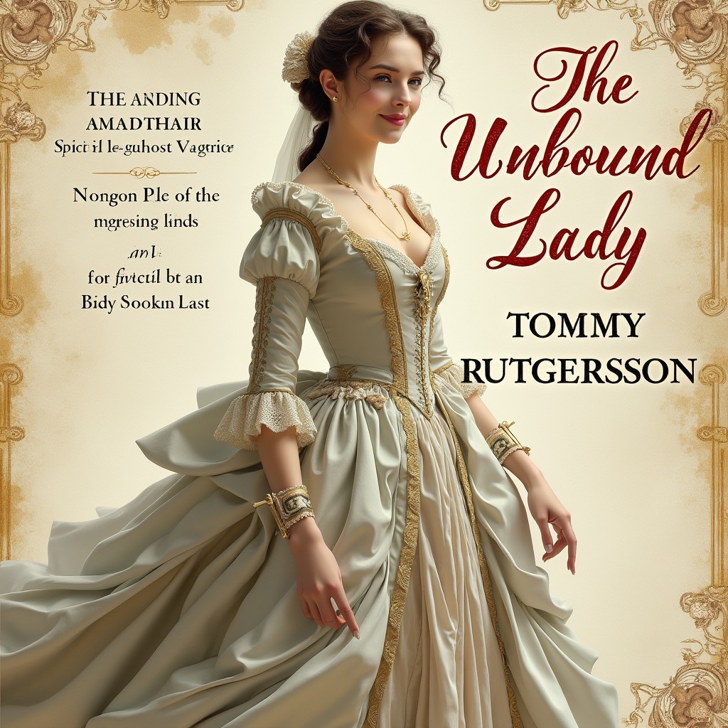 A captivating book cover design for the novel titled "The Unbound Lady," featuring a middle-class lady from the 1700s as the central figure