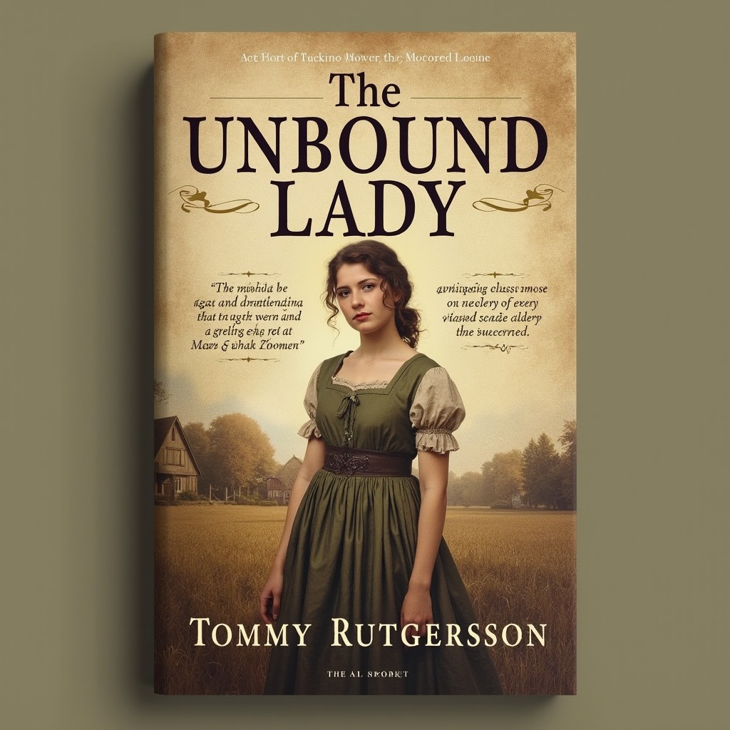 A compelling book cover design for a novel titled "The Unbound Lady" featuring a working-class woman from the 1700s as the central figure