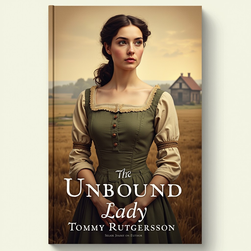 An engaging book cover design for a novel titled "The Unbound Lady" featuring a working-class woman from the 1700s as the central figure