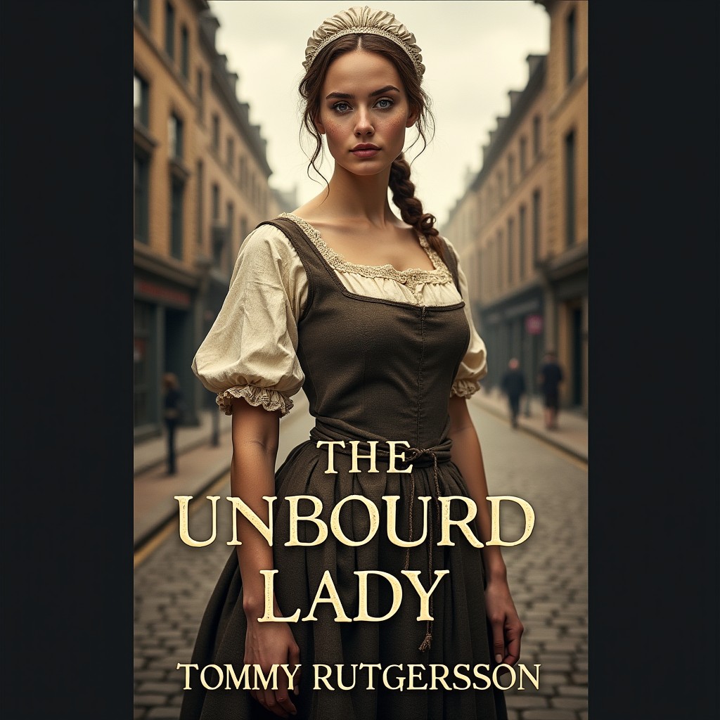 A compelling book cover design for a novel titled "The Unbound Lady" featuring a working-class woman from 1700s London as the central figure