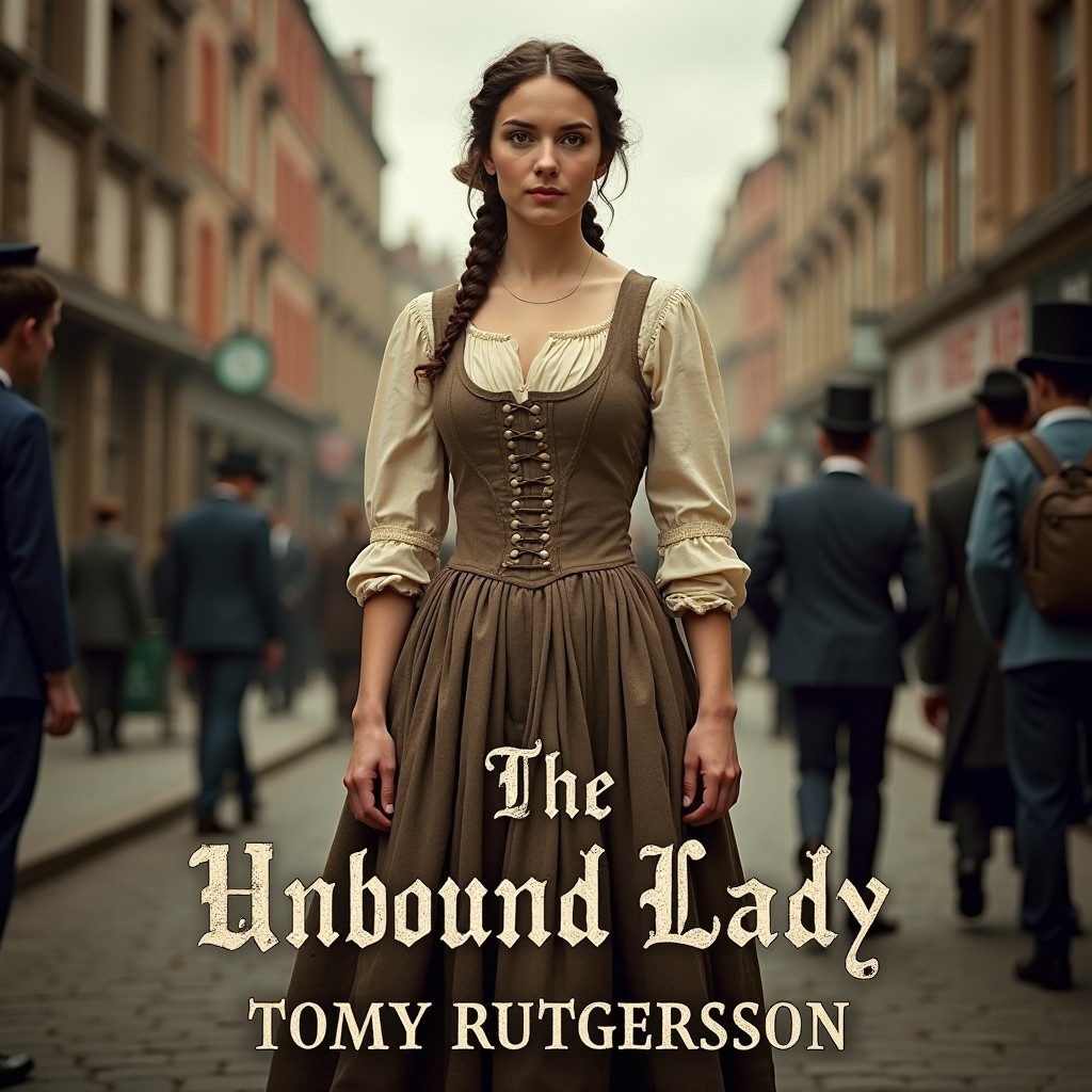A compelling book cover design for a novel titled "The Unbound Lady" featuring a working-class woman from 1700s London as the central figure