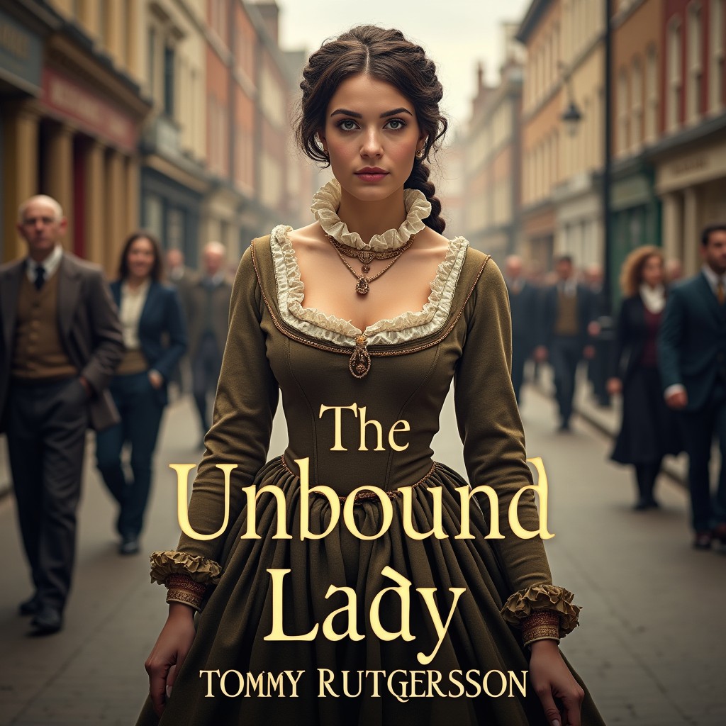 A visually striking book cover design for a novel titled "The Unbound Lady" featuring a working-class woman from 1700s London as the central figure