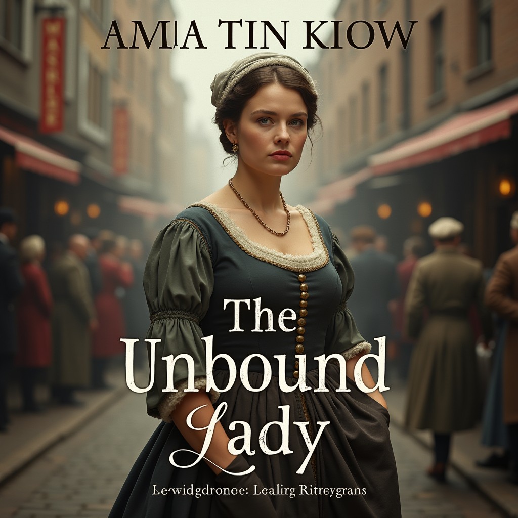 A captivating book cover design for the novel titled "The Unbound Lady" featuring a working-class woman from 1700s London