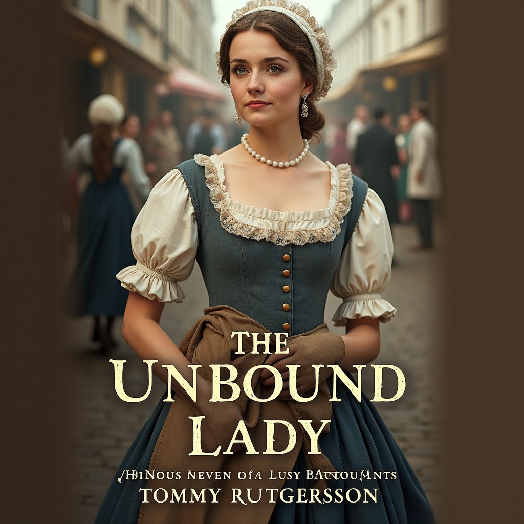 An engaging book cover design for a novel titled "The Unbound Lady," featuring a working-class lady from 1700s London