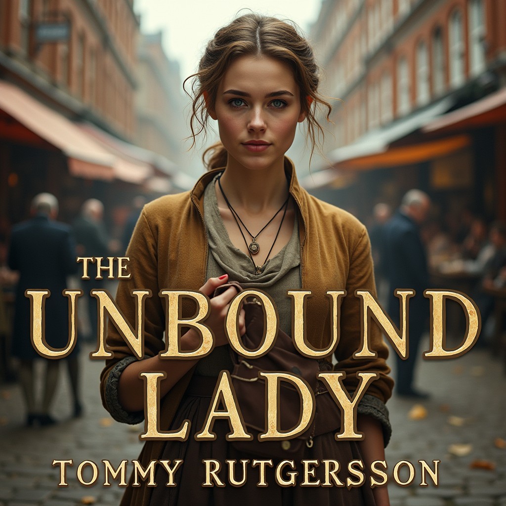 A striking book cover design for a novel titled "The Unbound Lady," featuring a working-class woman from 1700s London as the central figure