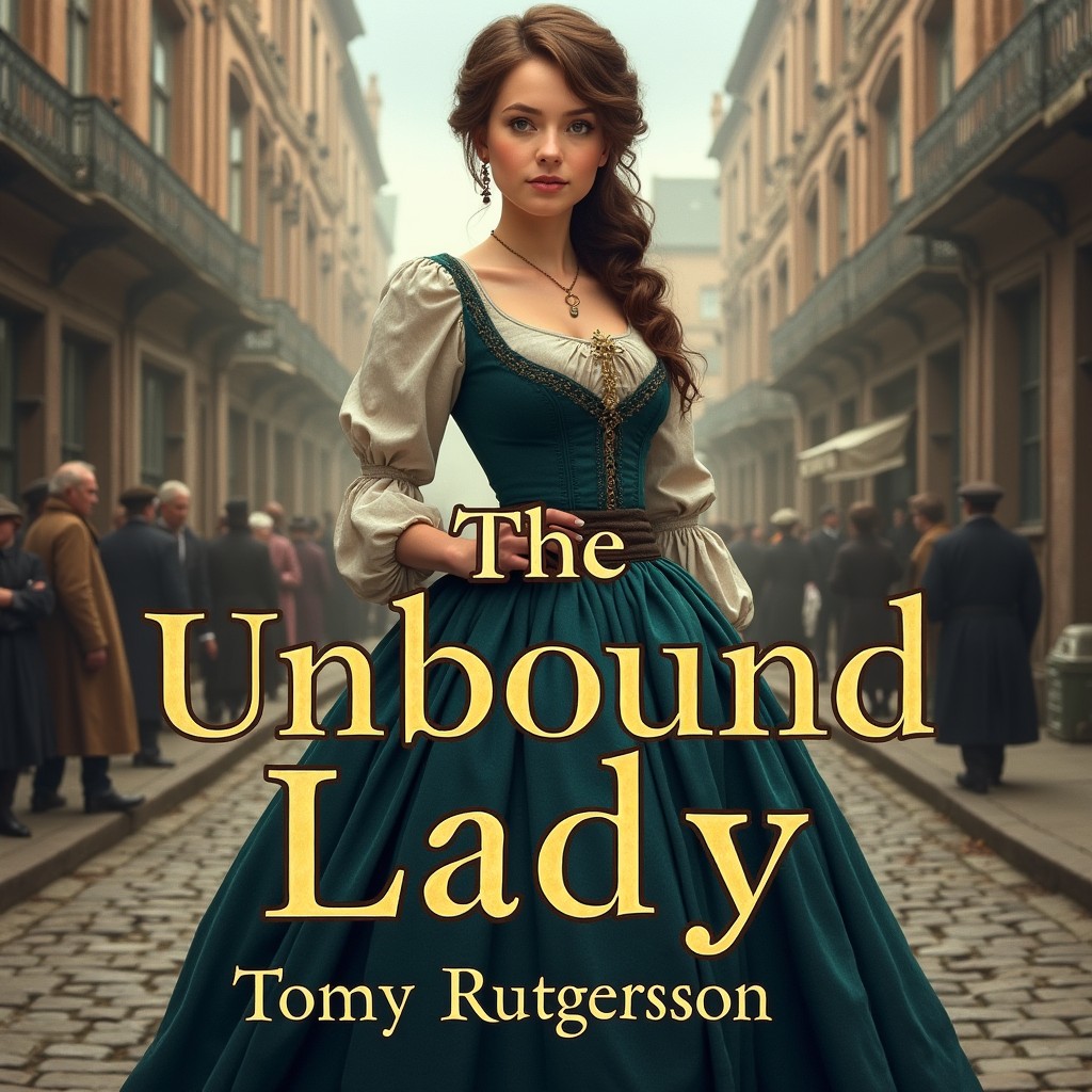 A captivating book cover design for the novel titled "The Unbound Lady" featuring a working-class woman from 1700s London