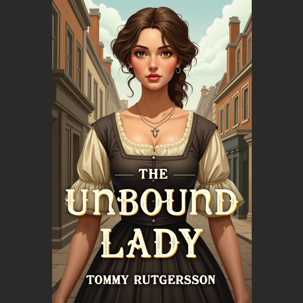 A striking 2D book cover design for a novel titled "The Unbound Lady" featuring a working-class woman from 1700s London as the central figure
