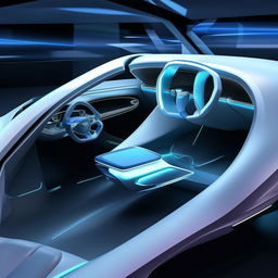 An 8K resolution, 1080HP image of a futuristic two-seater Bentley supercar interior. Rendering high-quality white and royal blue leather details, transparent glass features, and adorned with neon blue specs throughout, to encapsulate a luxurious, modern design.