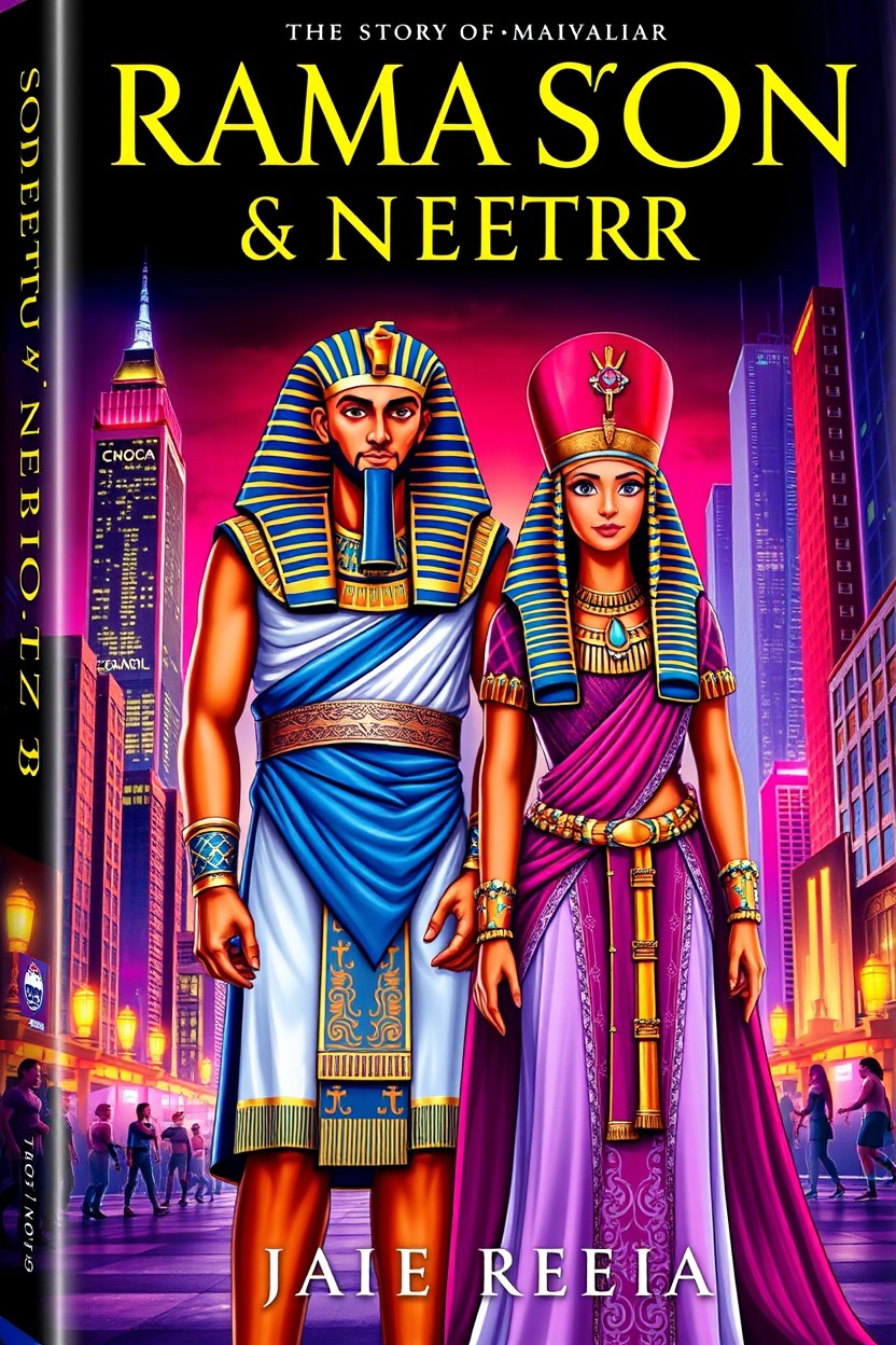 A book cover depicting Ramses and Nefertari dressed in Ancient Egyptian clothing, set against a backdrop of a modern city