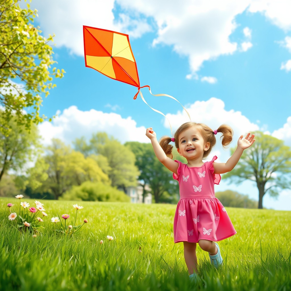 A beautiful scene featuring a small girl enjoying a sunny day at the park