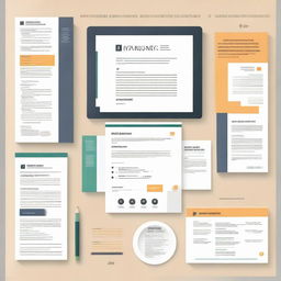 Create a professional, well-designed banner for a resume website, featuring elements like paper, pens, laptops, and symbols related to job hunting and career advancement.