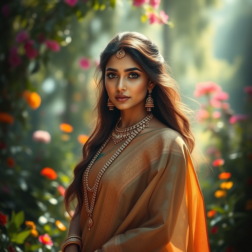 An alluring and mysterious depiction of a beautiful Indian woman dressed in a traditional saree, adorned with intricate jewelry