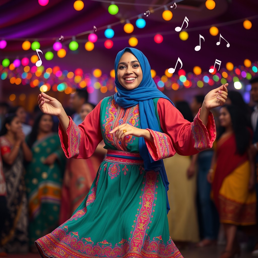 A vibrant scene of a confident hijabi woman dancing joyfully at a cultural festival, wearing a colorful traditional outfit adorned with intricate embroidery