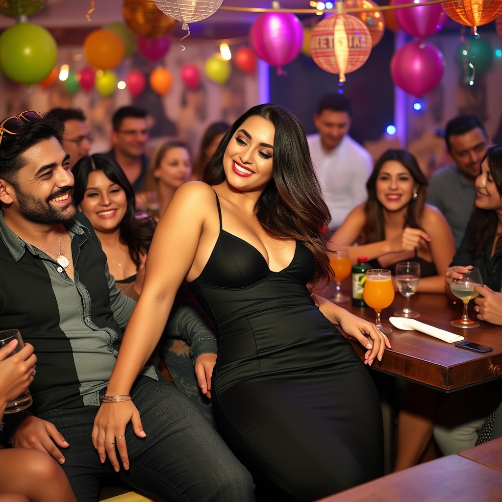 An engaging party scene where a stylish woman, confidently wearing form-fitting clothing that accentuates her curves, is sitting next to her husband at a lively gathering