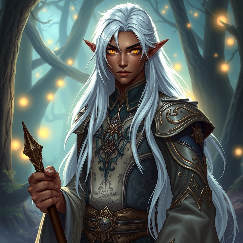A male half-elf character with striking golden eyes, long flowing white hair, and a skin tone that is deep and dark