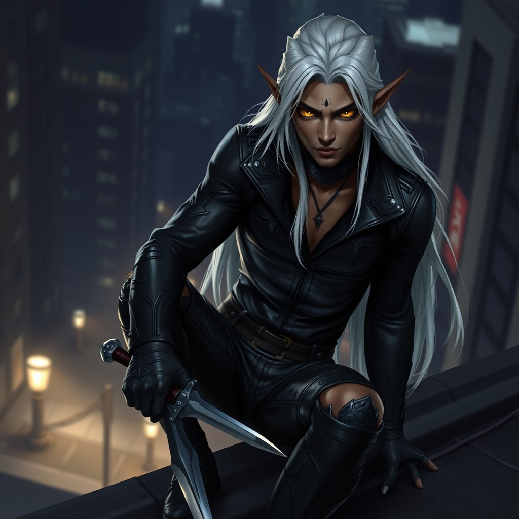 A male half-elf assassin with striking golden eyes and long white hair, set against a dark urban backdrop at night