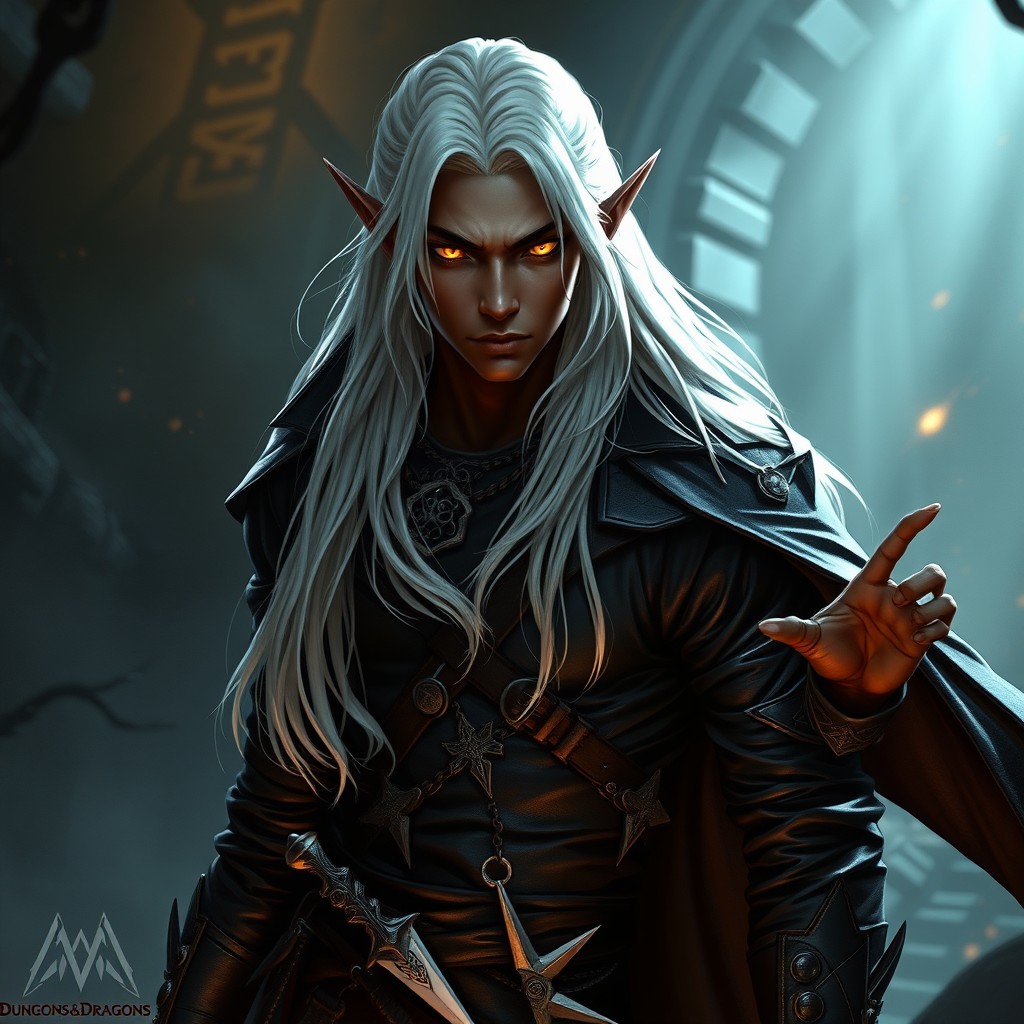 A male half-elf assassin inspired by Dungeons & Dragons, featuring striking golden eyes and long, flowing white hair, complemented by a deep dark skin tone