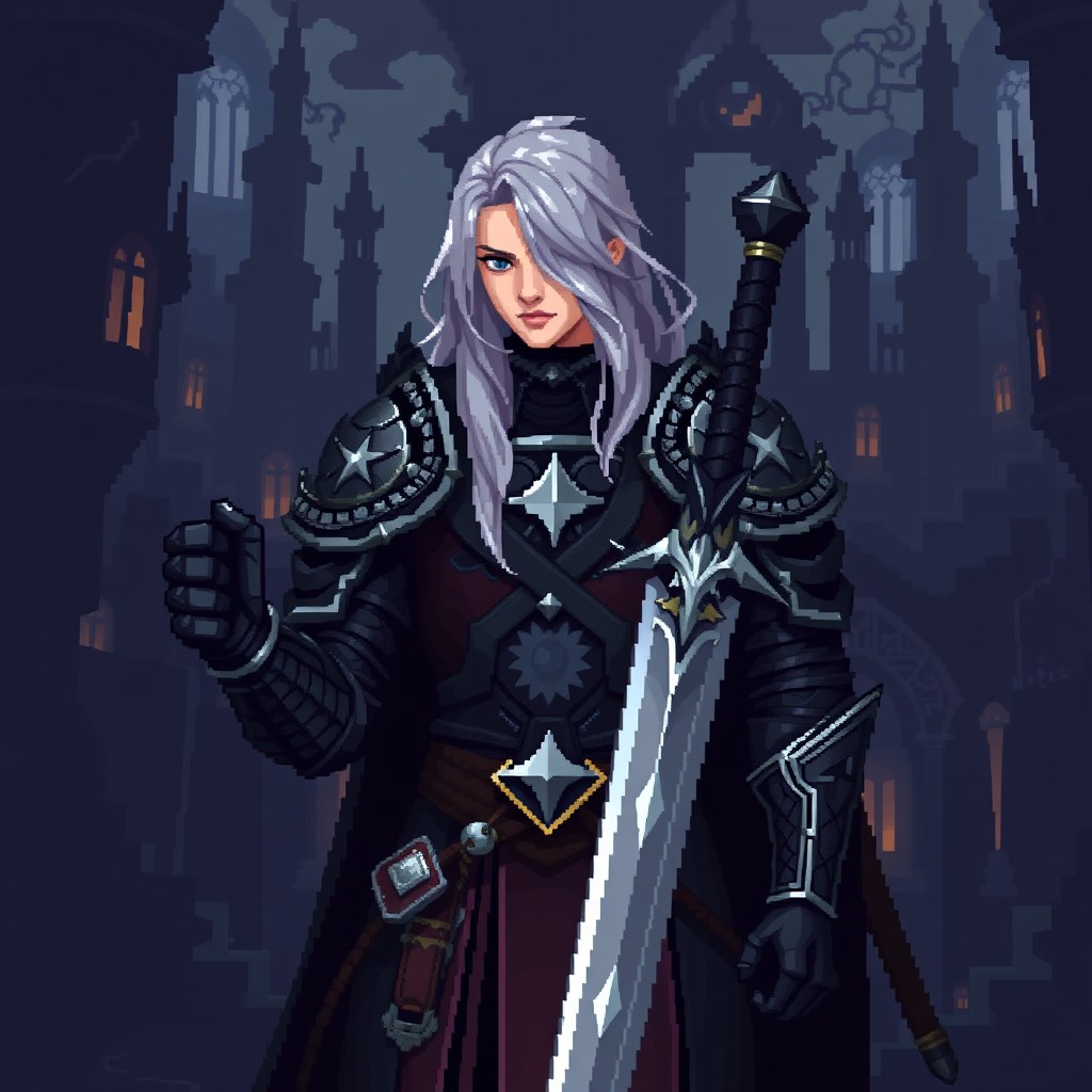A pixel art representation of a mercenary commander in a dark fantasy world