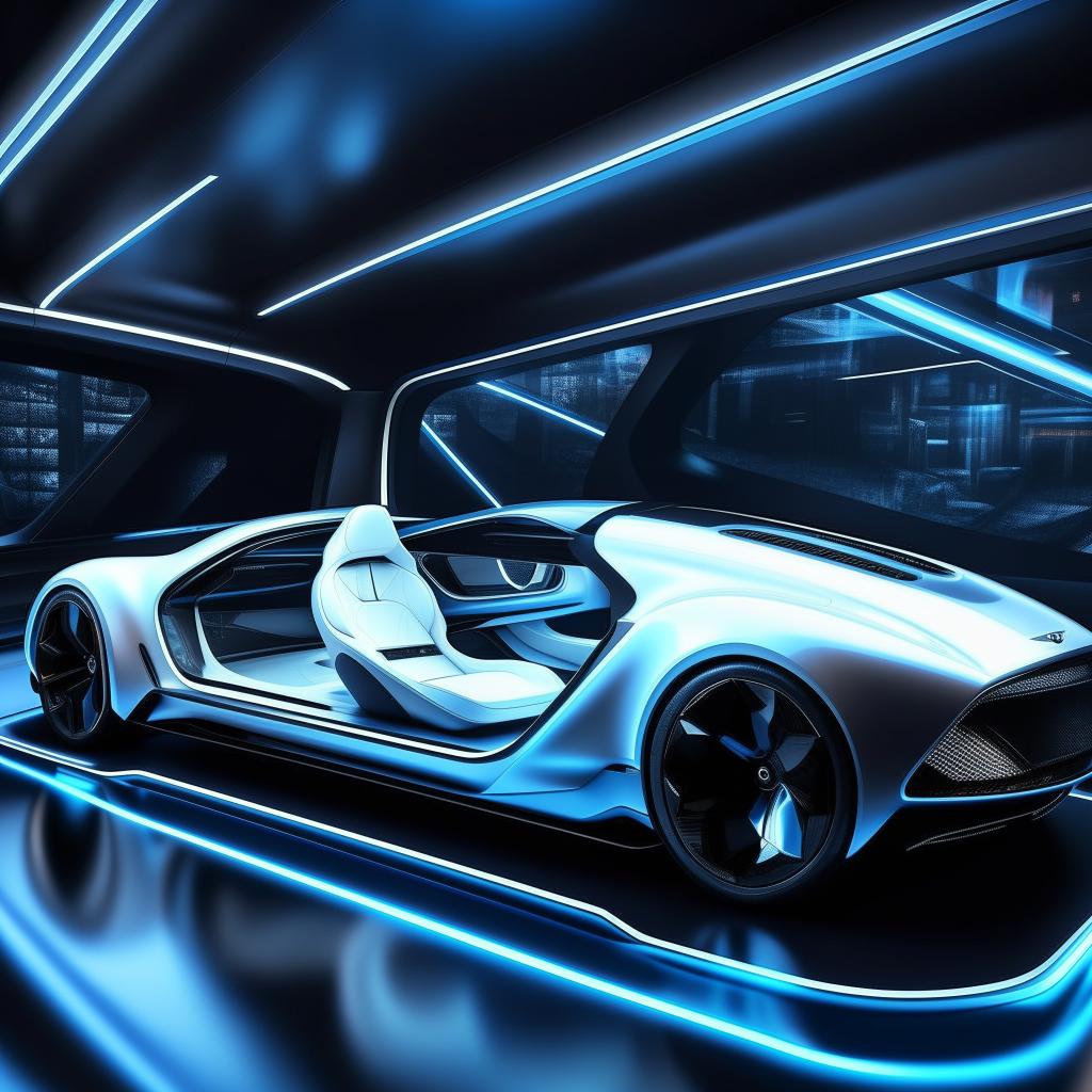 A visionary 8K resolution, 1080HP picture quality concept of the interior of a futuristic two-seater Bentley supercar. Boasting details like high-quality white and royal blue leather, transparent glass elements, and neon blue specs for a luxurious, ultra-modern atmosphere.