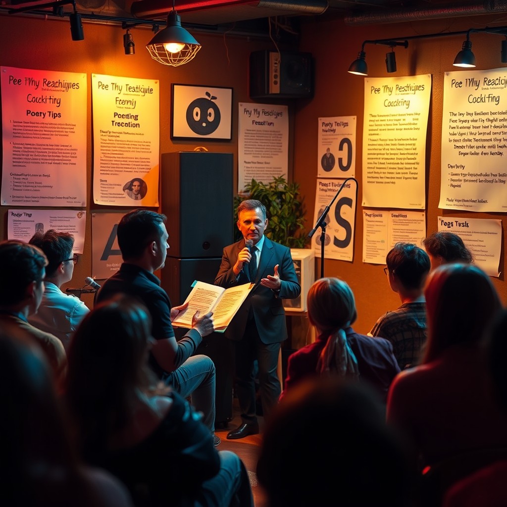A vibrant and inspiring scene depicting a poetry reading session led by Cucuk Espe, focusing on techniques for expressing emotions while reciting poetry