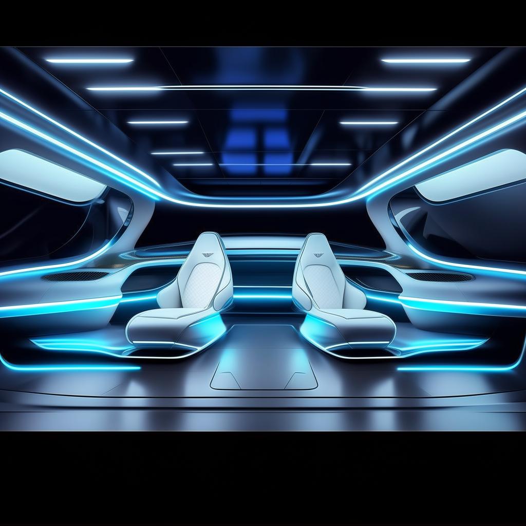 A visionary 8K resolution, 1080HP picture quality concept of the interior of a futuristic two-seater Bentley supercar. Boasting details like high-quality white and royal blue leather, transparent glass elements, and neon blue specs for a luxurious, ultra-modern atmosphere.