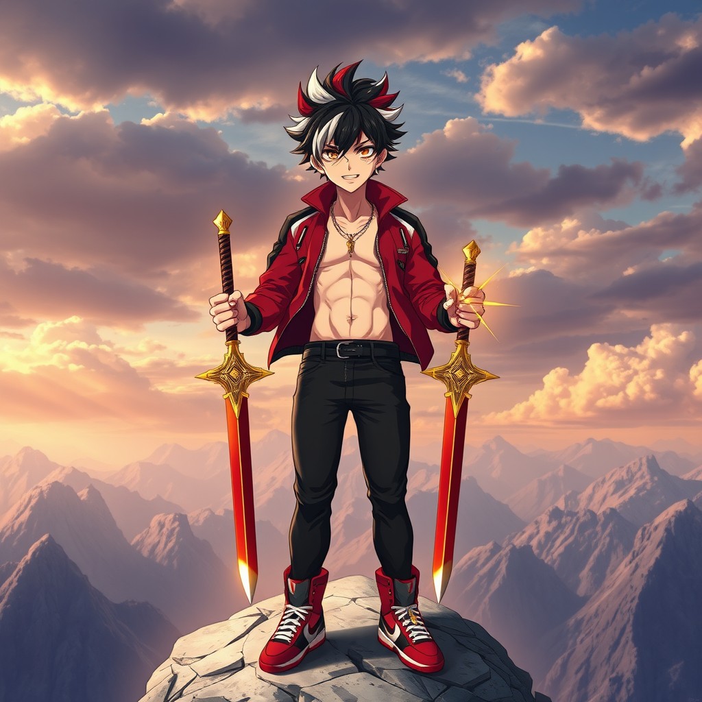 An anime boy with striking gold eyes and black hair featuring white, red, and blonde tips or streaks