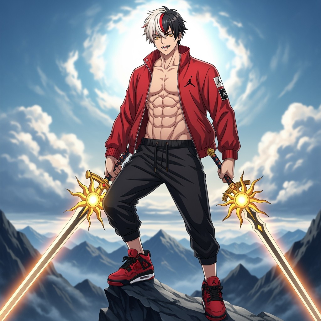 An anime boy, 6 feet 1 inch tall, with striking gold eyes and black hair featuring white, red, and blonde tips or streaks