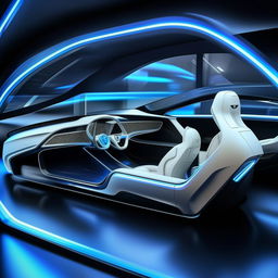 A visionary 8K resolution, 1080HP picture quality concept of the interior of a futuristic two-seater Bentley supercar. Boasting details like high-quality white and royal blue leather, transparent glass elements, and neon blue specs for a luxurious, ultra-modern atmosphere.