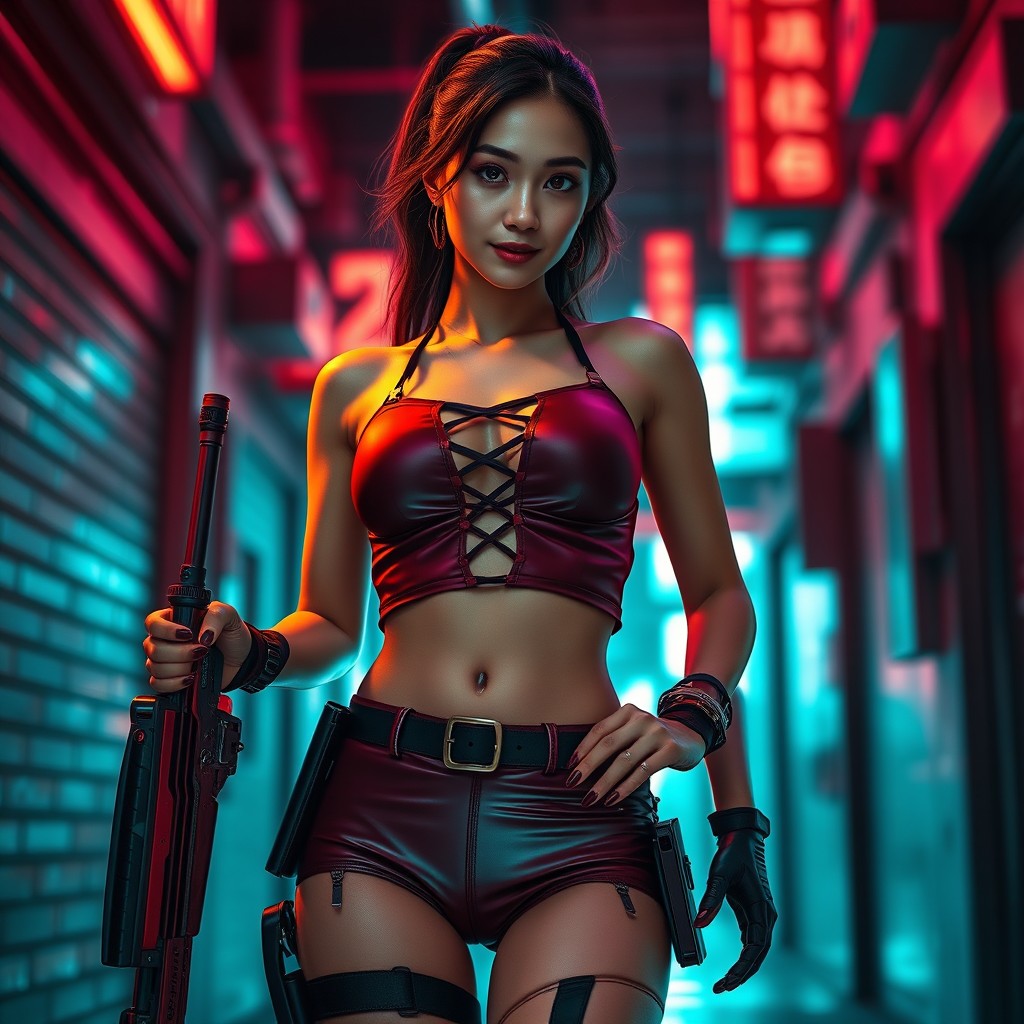 A stunning cyberpunk Asian female warrior in a futuristic neon-lit alley, exuding confidence and strength