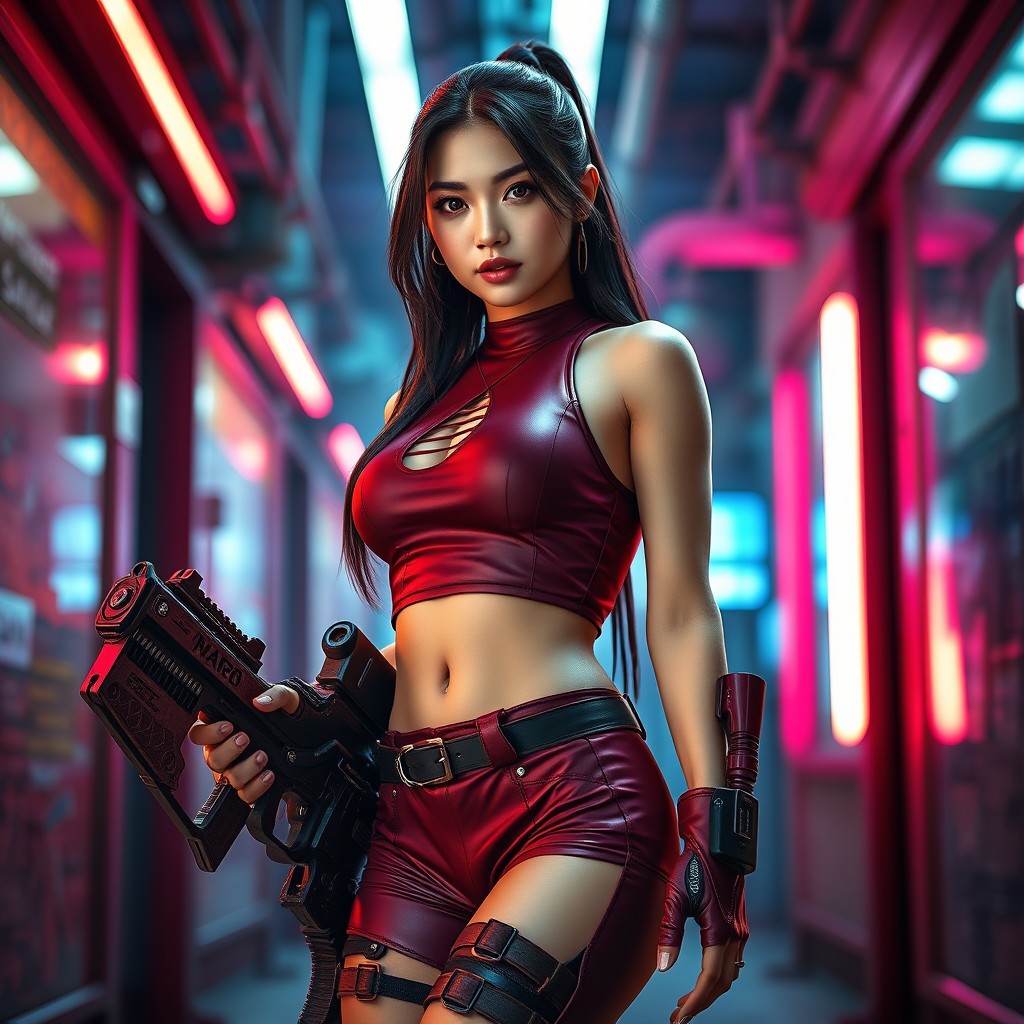 A stunning cyberpunk Asian female warrior in a futuristic neon-lit alley, radiating confidence and strength