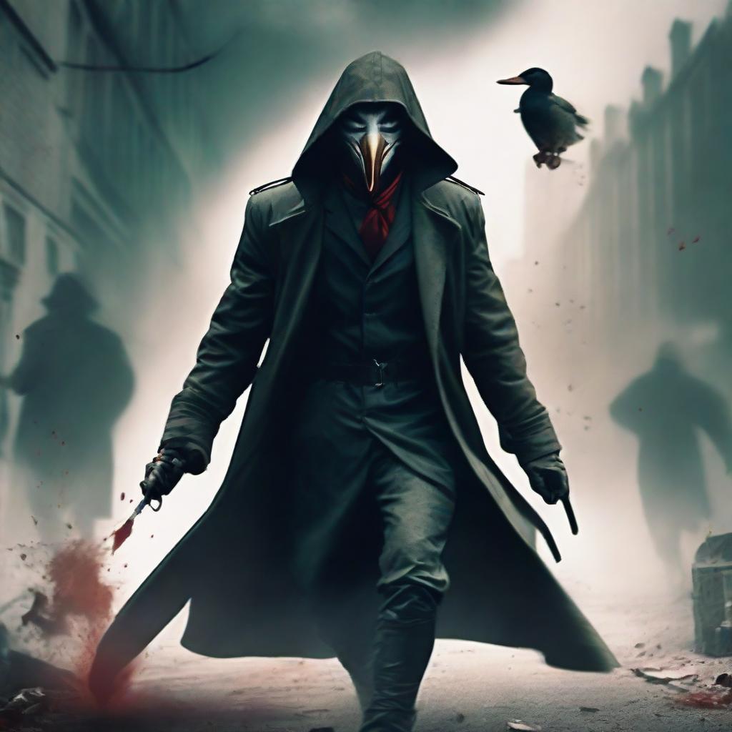 A menacing assassin in a flowing trench coat runs towards the camera in a windy environment. He wields a bloody knife and wears an unusual mask resembling a duck's face.