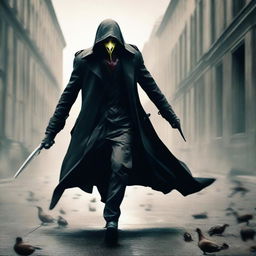 A menacing assassin in a flowing trench coat runs towards the camera in a windy environment. He wields a bloody knife and wears an unusual mask resembling a duck's face.