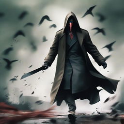 A menacing assassin in a flowing trench coat runs towards the camera in a windy environment. He wields a bloody knife and wears an unusual mask resembling a duck's face.