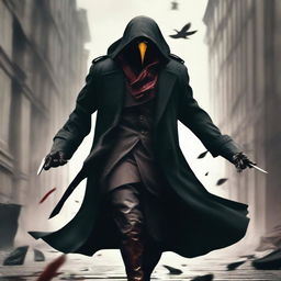 A menacing assassin in a flowing trench coat runs towards the camera in a windy environment. He wields a bloody knife and wears an unusual mask resembling a duck's face.