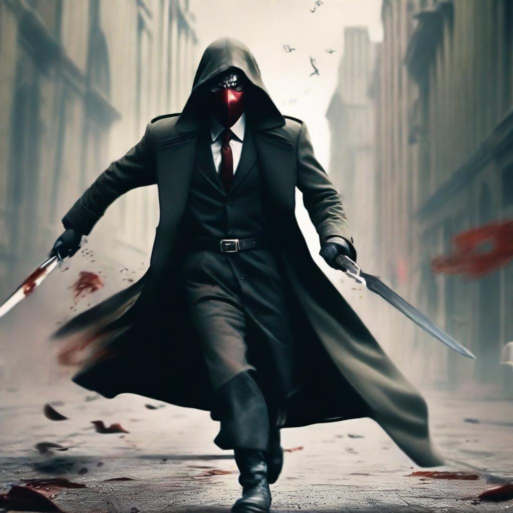 A menacing assassin in a flowing trench coat runs towards the camera in a windy environment. He's wielding a bloody knife and is adorned with a mask resembling a duck's face.