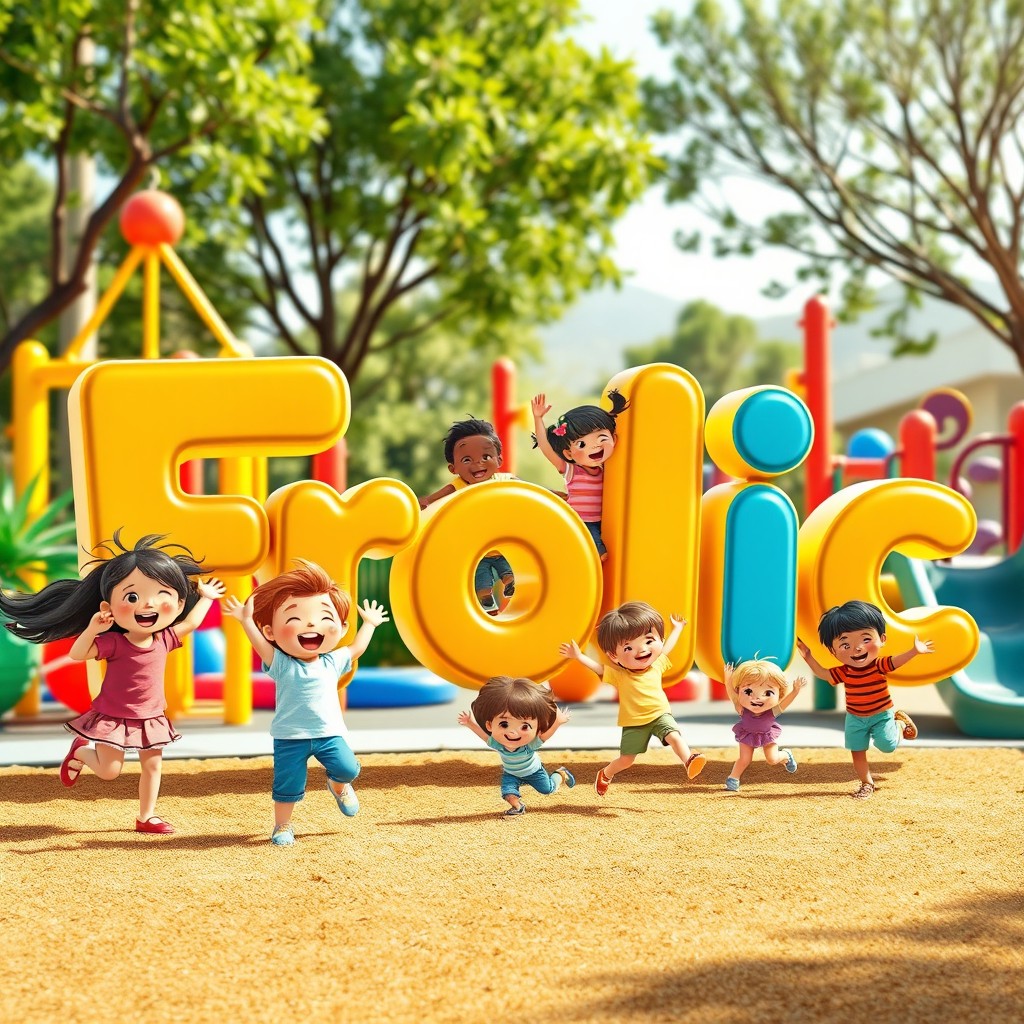 The word 'Frolic' depicted in bright, playful letters with preschool children energetically playing around it