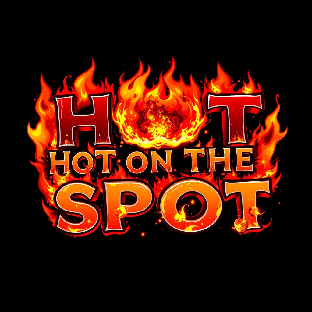 The phrase 'HOT ON THE SPOT' dynamically illustrated with vibrant fire effects surrounding the text, featuring flames and glowing embers that give an intense heat vibe, set against a dark background to emphasize the fiery elements, creating a dramatic and eye-catching visual impact