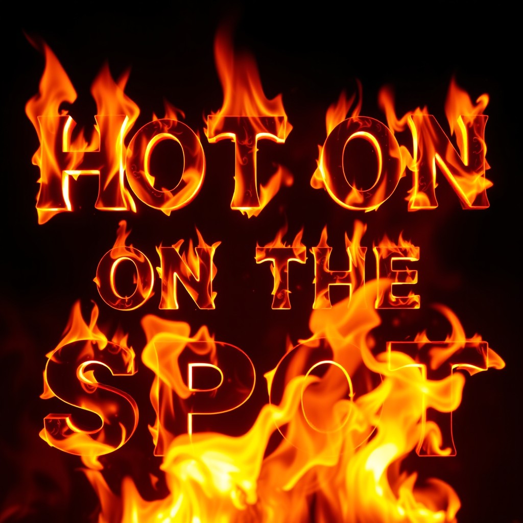 The phrase 'HOT ON THE SPOT' engulfed in realistic flames, with intricate fire detail illuminating the letters, creating an intense and fiery atmosphere