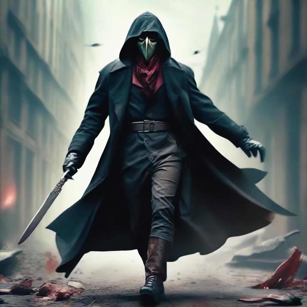 A menacing assassin in a flowing trench coat runs towards the camera in a windy environment. He's wielding a bloody knife and is adorned with a mask resembling a duck's face.