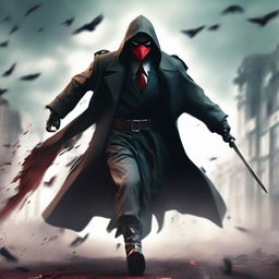 A menacing assassin in a flowing trench coat runs towards the camera in a windy environment. He's wielding a bloody knife and is adorned with a mask resembling a duck's face.