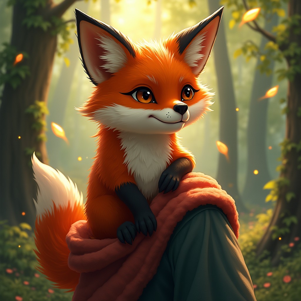 A red fox as a magical familiar, featuring a beautifully detailed fox with lush red fur, bright orange accents, and striking white markings